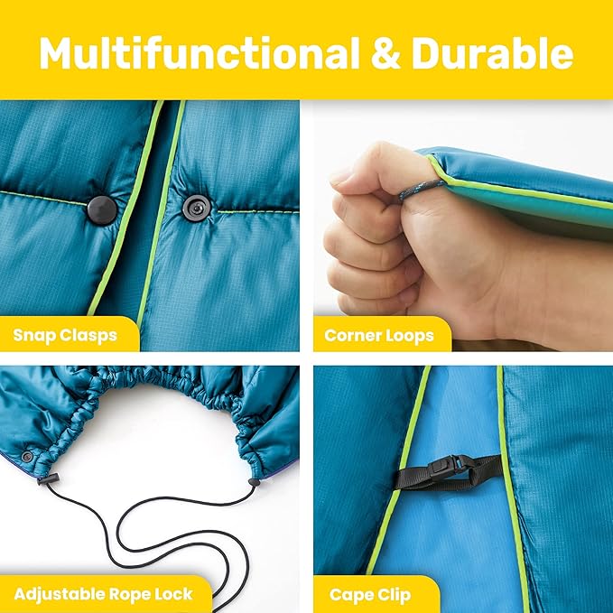 UNIKOME Waterproof Puffy Camping Blanket - Lightweight Packable Outdoor Quilt with Snaps & Corner Loops, Warm Compact Blanket for Cold Weather Hiking Picnic Stadium Travel, 75"×52", Lake Blue&Sky Blue
