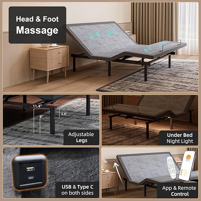 ESHINE Adjustable Bed Frame + 12" Hybrid Mattress Split King(Medium) - Luxury Gel Memory Foam, Upholstered Bed Frames with Massage, USB, Under Bed Night Light, Head and Foot Incline, Split King