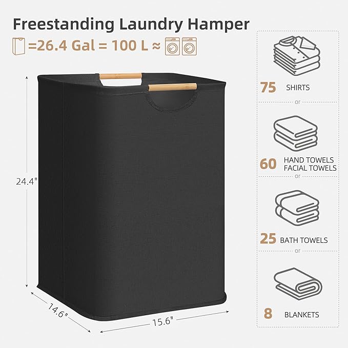 STORAGE MANIAC 1-Pack Large Laundry Hamper, 100L (26.4 Gal) Collapsible Laundry Basket with Bamboo Handles, Freestanding Waterproof Clothes Hamper for Laundry Room, Bedroom, Dorm, Towels, Toys, Black