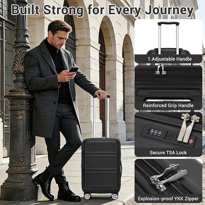 Kono Carry On Luggage 22x14x9 Airline Approved with Spinner Wheels,Lightweight PC+ABS 20 Inch Luggage with TSA Lock,Expandable Hard Shell Carry On Suitcases for Men Women,Black