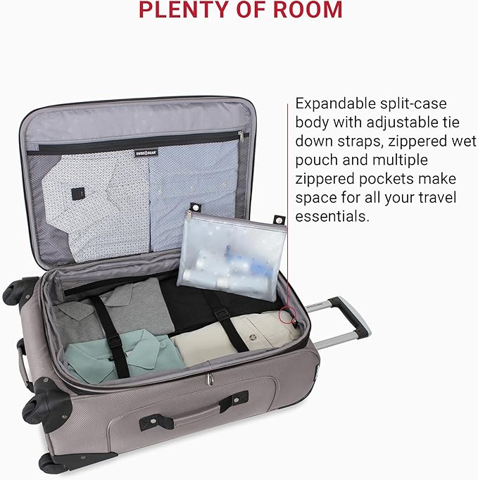 SWISSGEAR Sion Softside Expandable Spinner Luggage Durable Lightweight Travel Suitcase, Pewter, Checked-Medium 25-Inch