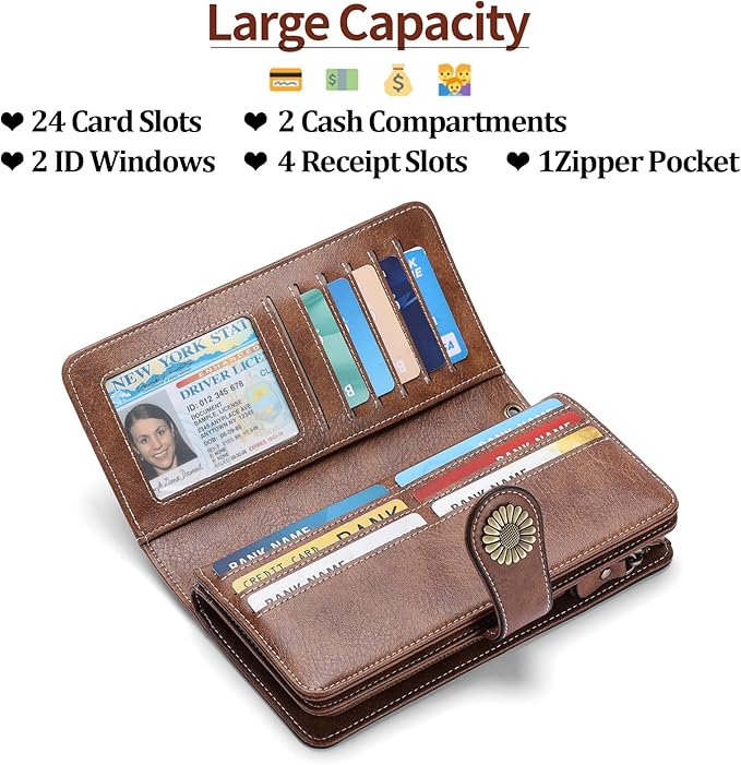 SENDEFN Wallets for Women Leather Credit Card Holder with RFID Blocking Large Capacity Wristlet | with RFID Blocking, Large Capacity, Wristlet, with RFID Blocking, Large Capacity, Wristlet