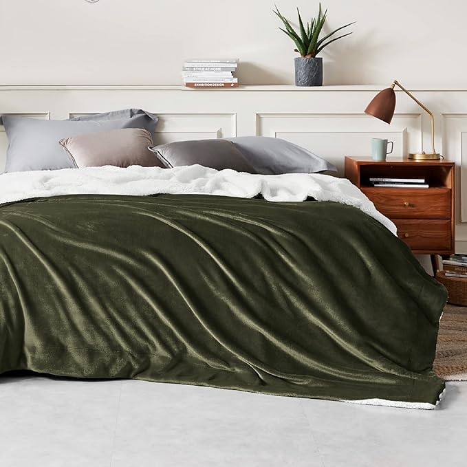 Bedsure GentleSoft Sherpa Fleece Blanket Queen Size for Bed, Non-Heated, Thick and Warm Throw for Women and Men, Soft Fuzzy Plush Queen Blanket for Winter, Olive Green, 90x90 Inches
