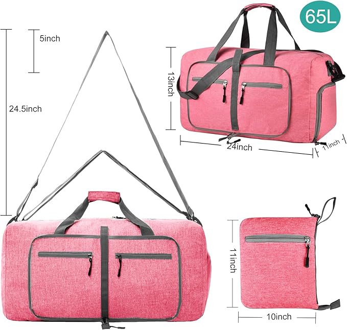 Dimayar 65L Travel Duffle Bag for Men Women - Foldable Duffel Bag with Shoes Compartment - Overnight Bags Waterproof & Tear Resistant(Pink)