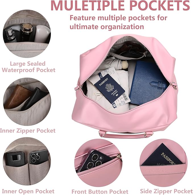 Weekender Bag for Women Men, Large Overnight Bag Faux Leather Travel Duffel Bag with Shoe Compartment Toiletry Packing Cube Carry On Bag Fit 21" Laptop 3Pcs Set (4PCS Pink)