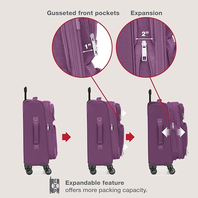 U.S. Traveler Rio Lightweight Softside Rolling Carry-on Suitcase, 4-Wheel Single, Purple