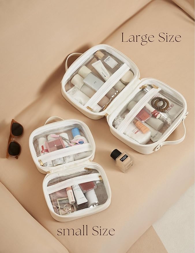 Clear Cosmetic Bag Double Layer Travel Toiletry Bag Clear Makeup Bag Case with 4 Compartments, Transparent Travel Bag for Toiletries, Large Toiletry Bag for Women Cosmetic Case (White, Small)