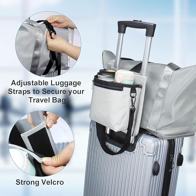 Bokelai Luggage Travel Cup Holder with Luggage Straps Free Hand Drink Caddy Beverage Holder Travel Accessories Flight Attendants Businessmen Travelers Fits Roll on Suitcase Handles Light Grey