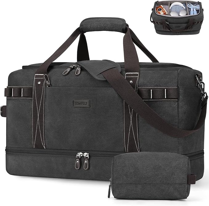 ZOMFELT Travel Duffle Bag for Men, 45L Carry On Luggage 22x14x9 Airline Approved, Waterproof Canvas Overnight Duffel Bag with Removable Dividers, Weekender Gym bag with Shoe Pocket (Washed Black)
