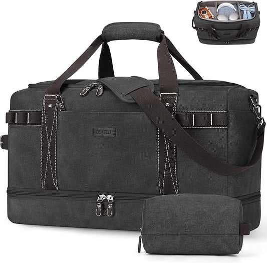 ZOMFELT Travel Duffle Bag for Men, 45L Carry On Luggage 22x14x9 Airline Approved, Waterproof Canvas Overnight Duffel Bag with Removable Dividers, Weekender Gym bag with Shoe Pocket (Washed Black)