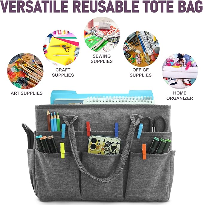Cupohus Art Organizer Craft Storage Tote Bag with Pockets and Handles, Oxford Fabric Carrying Caddy for Teacher, Officer, Artist, Students, Traveler, and more –Grey
