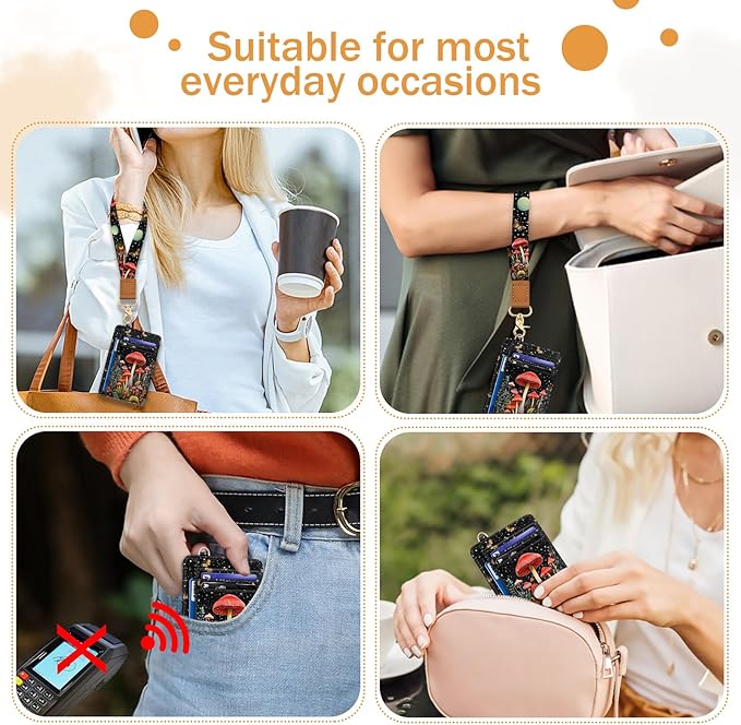 Yonlevres Mushroom Credit Card Holder Slim Wallet, RFID Wallet Women Front Pocket Wristlet Lanyard, Small Card Holder Travel Funny Cute Thin ID Window PU Leather Case Organizer Gifts Girls