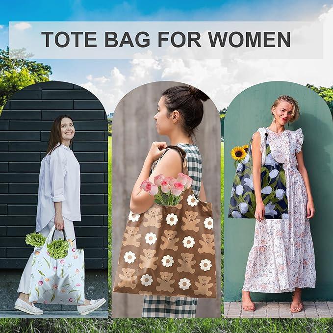 BeeGreen Cute Rose Green Gift for Women Reusable Shopping Bags Large Shopping Basket for Groceries Foldable Gift Bag Grocery Organizer with Handles Tote Bulk Cloth Heavy Duty Washable Packable