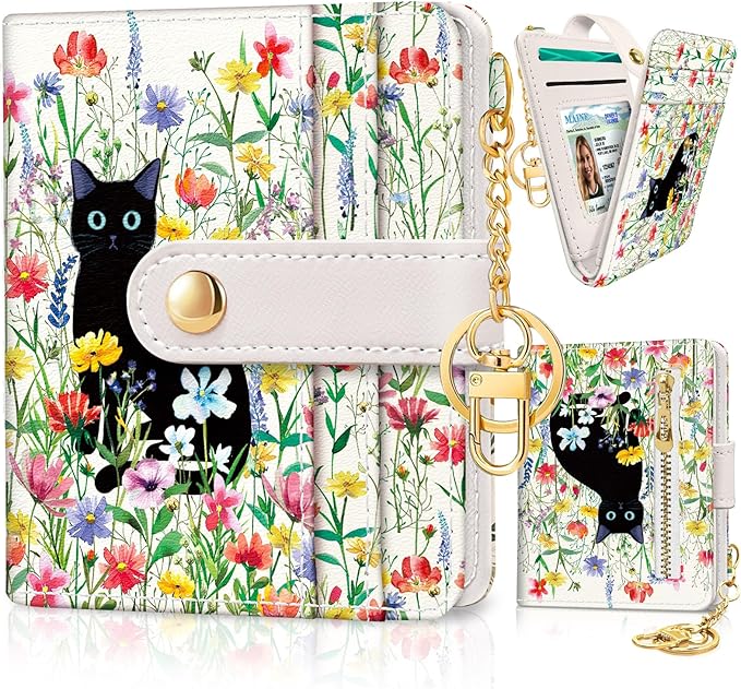 Jogjam Black Cat Flower Floral Aesthetic Rfid Women Wallet, Cute Small Slim Thin Compact Credit Card Wallet, PU Leather Bifold Cash Wallet, Zipper Coin Pocket ID Window, Girls Girly Teens Gifts