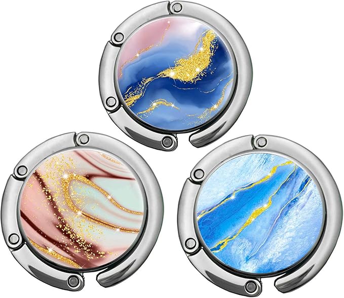 Pretty Marble Foldable Purse Hook & Table Hanger Collection - Womens Bag Desk Hooks (3 Pack)