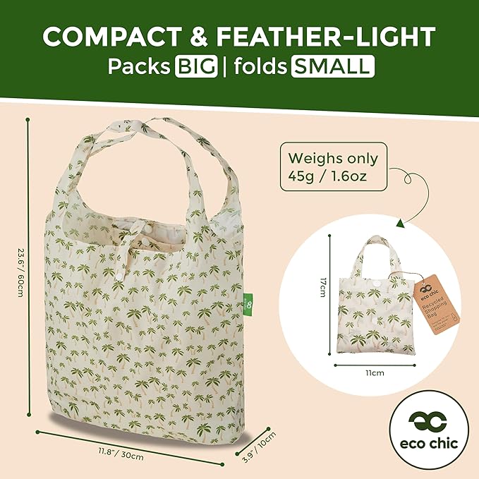 ECO CHIC Foldable Reusable Grocery Bags - Lightweight, Recycled & Reusable Shopping Bag - Waterproof Packable Tote