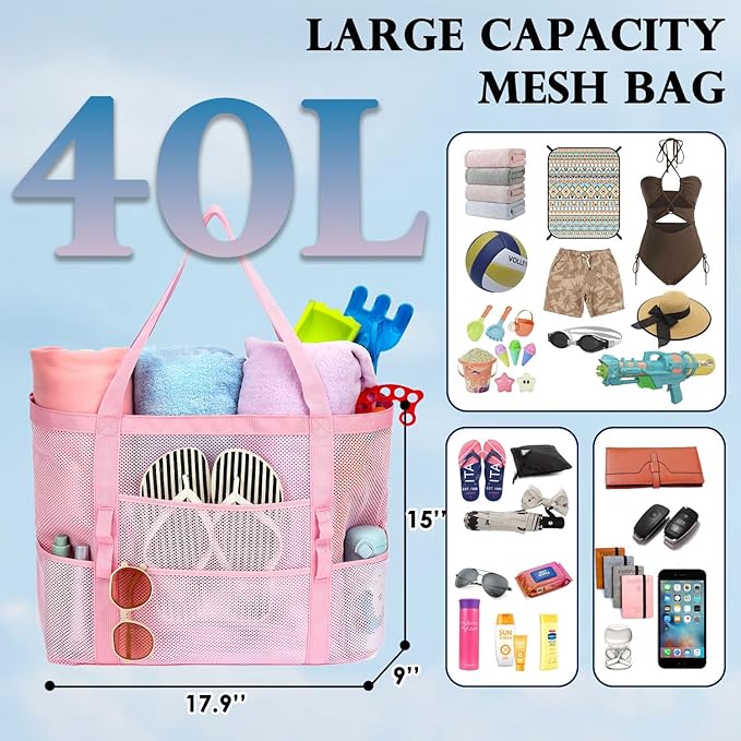 Fammart Mesh Beach Bag, Large Beach Tote with Zipper Pocket, Toys Pool Bag for Family Travel Vacation Cruise Essentials