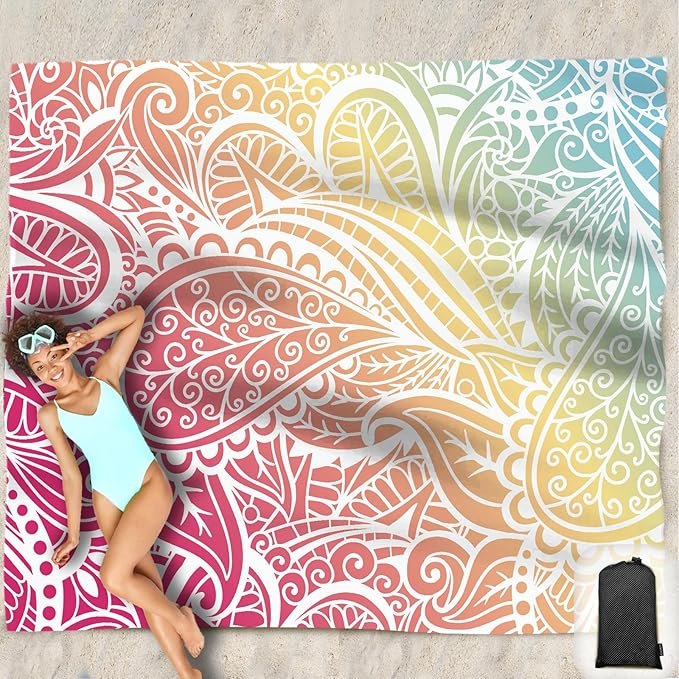 Beach Blanket Waterproof Sandproof Oversized 95”x 80”,Sand Free Beach Mat with Corner Pockets,Portable Mesh Bag for Beach Festival,Picnic,Travel and Outdoor Camping (Ombre Rainbow)