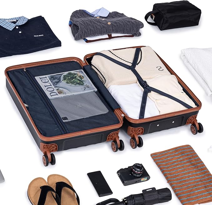 Luggage Sets 6 Piece Carry on Suitcases with Spinner Wheels ABS Hardshell Lightweight Durable Travel Luggage with Combination Lock (Black, 6 Piece Set 16"/20"/24"/28")