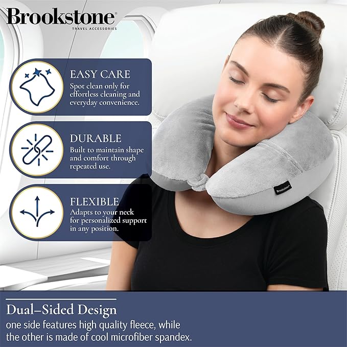 Brookstone Microbead Travel Head and Neck Pillow Lightweight and Plush with Phone or Headphone Pocket, Grey