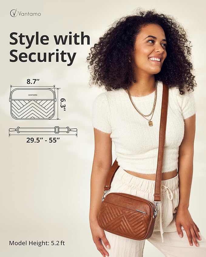 Vantamo Premium Quilted Crossbody Bags for Women with Anti-Pickpocket Clip, Vegan Leather Handbags, Travel Purses for Women