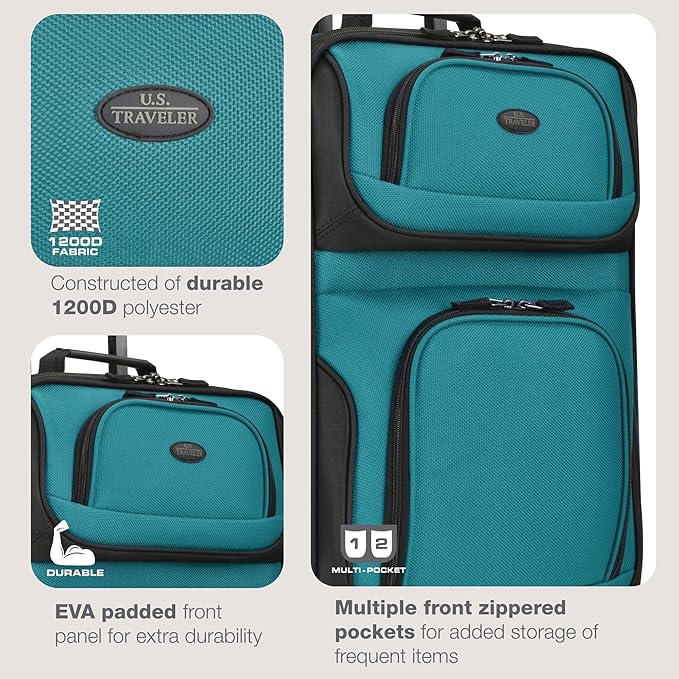 U.S. Traveler Rio Lightweight Softside Rolling Carry-on Suitcase, 2-Wheel Single, Teal