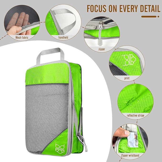9-Set Packing Cubes with Hanging Bag | 9-Size Combination, Mesh Fabric & Reflective Stripe | Travel Luggage Organizers (Green)