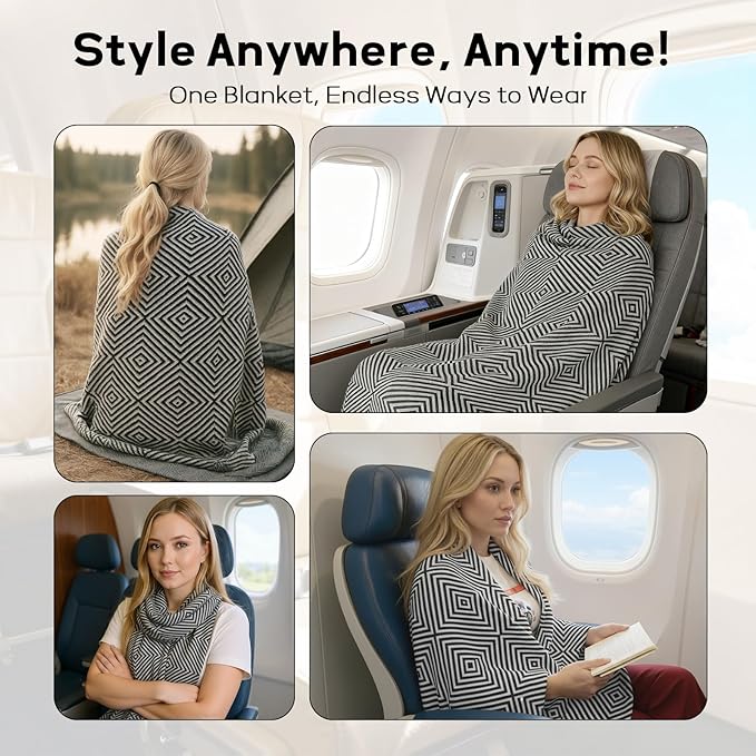 Travel Blanket Airplane - Ultra Soft & Lightweight Knit Design Compact Airplane Blanket,53x72 Inch,Stylish Travel Shawl Wraps for Flights,Office,Home Use,Travel Essentials & Gifts