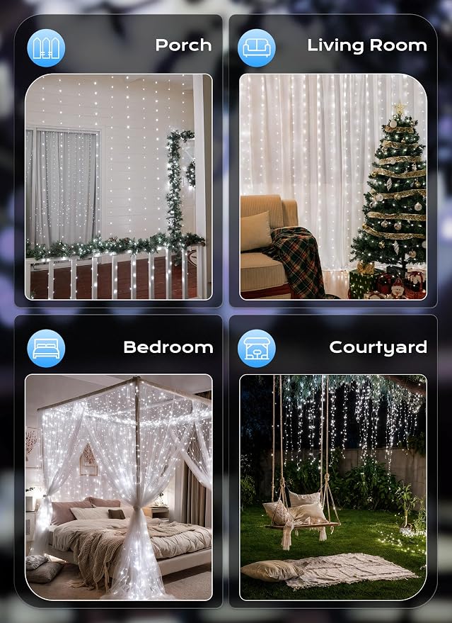 Brightown 300 LED White Fairy Curtain Lights, 9.8ft x 9.8ft String Lights | Winter Wonderland Decorations USB Plug in 8 Lighting Modes Christmas Hanging Lights with Remote for Bedroom Indoor Outdoor