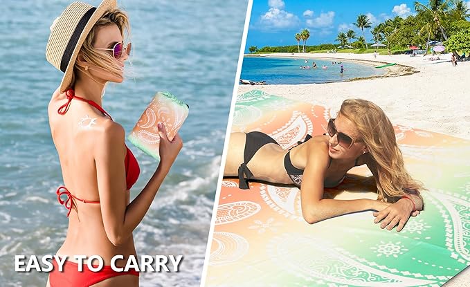 Beach Blanket Sandproof Extra Large Beach Mat Adults Waterproof Quick Drying Sand Free Mat Made by Premium Polyester with 4 Stakes & 4 Corner Pockets for Outdoor Travel Camping Hiking