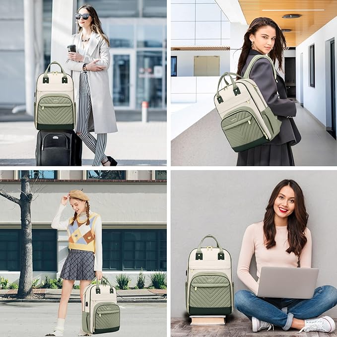 Laptop Backpack for Women Work Bag - 15.6 inch Travel Backpack with USB Charger College Bookbag Waterproof Business Computer Backpack Anti-theft Casual Backpacks for Nurse Teacher Beige Light Green