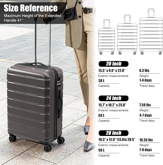 Coolife Luggage Suitcase Carry-on Spinner TSA Lock USB Port Expandable (only 28’’) Lightweight Hardside Luggage (Gray, S(20in_carry on))