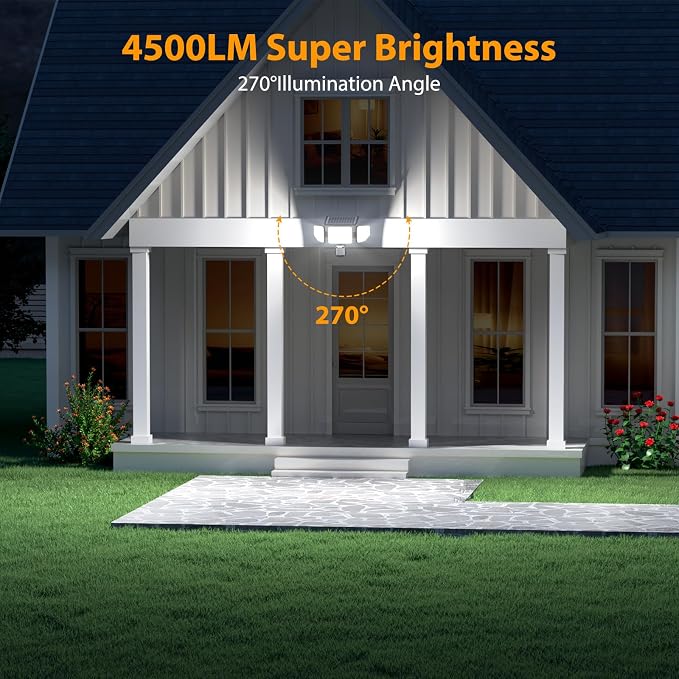 Onforu 4500LM Solar Lights Outdoor, 3 Heads Security Lights with Remote Control, IP65 Waterproof Motion Sensor Lights, 3 Modes Flood Lights for Wall, Porch, Yard, Outside, 4 Pack