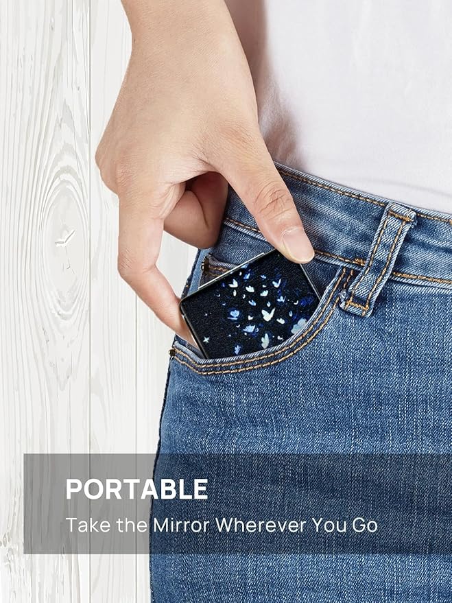 OMIRO 1X/3X Magnifying Mirror, Unique Painting Compact Mirror with Classical PU Leather, 2.4" W x 3.4" L (Butterfly)