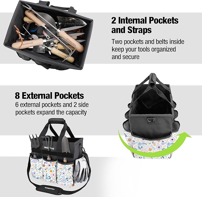 WORKPRO Garden Tool Bag, Heavy-Duty Gardening Tote Bag with 10 Pockets, Stand-Up Wide Mouth Tool Organizer, Adjustable Shoulder Strap, Large Capacity Storage – Floral White (Tools are not Included)