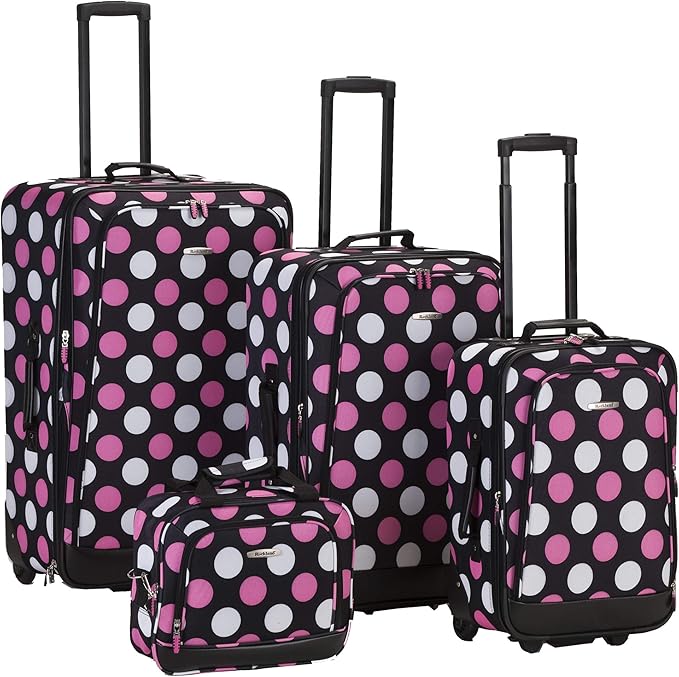 Rockland Escape 4-Piece Softside Upright Luggage Set, Telescoping Handles, Multi/Pink Dot, (14/19/24/28)