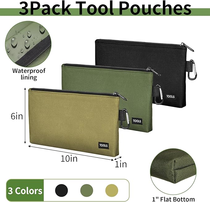 3 Pack Premium Tool Pouches Zipper Bag, Small Tools Bags with Carabiner, Heavy Duty Flat Bottom Utility Multipurpose Storage Organizer Bag for Tool, Stationary, Pencil