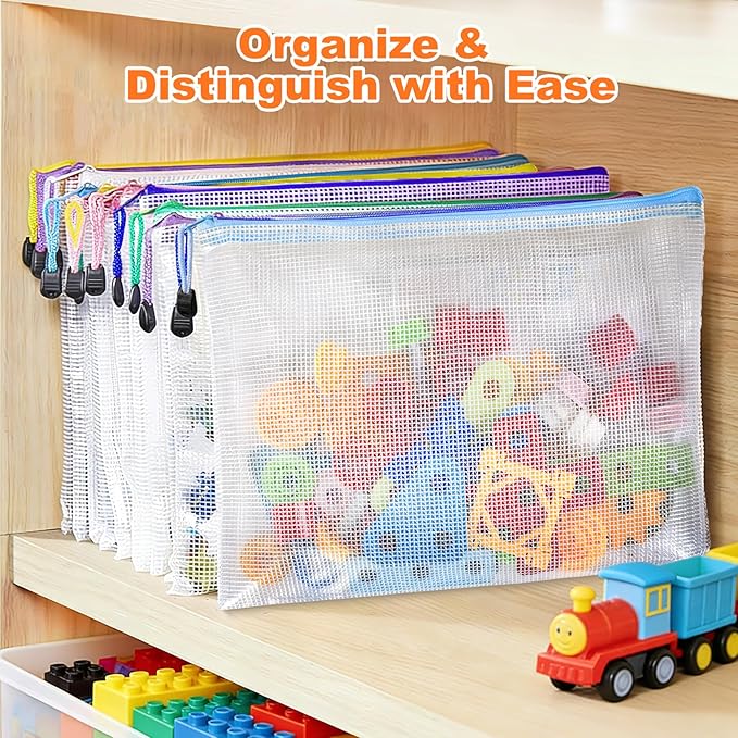Mesh Zipper Pouch Bags: Clear Zipper Pouches for Classroom, Plastic Mesh Bag for Board Game Puzzles Storage, A3 Waterproof Organizing Pouch for School and Office Supplies (17 x 12Inch, 12PCS, 6 Color)