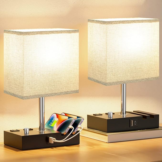 Kakanuo Grey Bedside Table Lamps Set of 2 - Dimmable, USB C+A, 2 AC Outlets | Dimming By Rotary Knob, USB C+A Ports, 2 Phone Stands, LED Bulbs Included, Rectangle Grey Lampshade, for Living Room, Desk