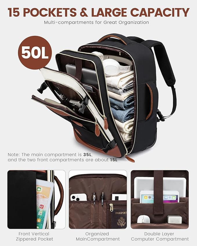 LOVEVOOK Rolling Backpack for Women, 50L Travel Backpack with Wheels, Carry on Luggage for Men, 17.3 Inch Wheeled Laptop Bag, Flight Approved Personal Item Suitcase