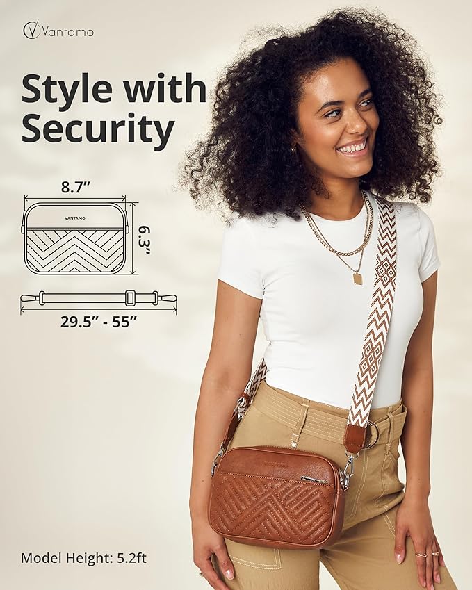 Vantamo Premium Quilted Crossbody Bags for Women with Anti-Pickpocket Clip, Vegan Leather Handbags, Travel Purses for Women