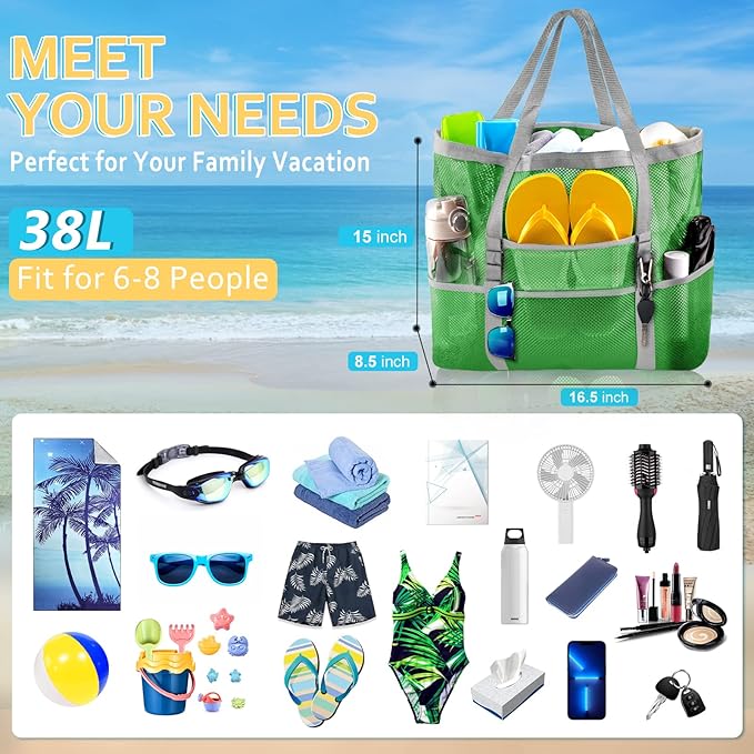 SRISE Mesh Beach Bag - Large Beach Tote Bag for Family Beach Bag for Toys & Vacation Essentials
