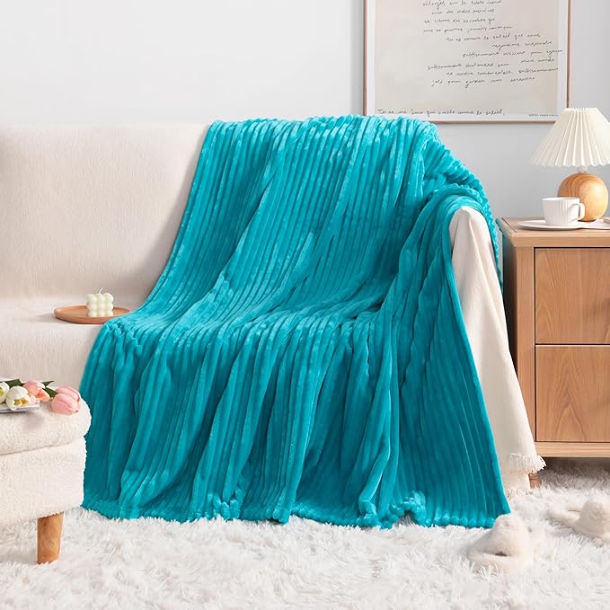 NTBAY Plush Flannel Twin Bed Blanket, 60X80 Inches Soft and Warm Lightweight Blanket with Striped Texture Bed Blanket for Couch Sofa Bed All Seasons, 60"x80", Turquoise