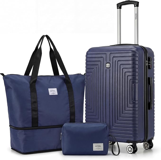 Hoteel Luggage Sets 3 Piece ABS+PC Hardside, 4-Year Warranty, Luggage Set with Dual-Spinner Wheels, TSA Lock, Lightweight Carry on Luggage, 20" Suitcase with Duffel & Organizer, Dark Blue