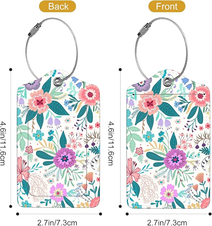2Pack Luggage Tags for Suitcases, Cute Unique Pu Leather Cruise Luggage Tag with Privacy Cover ID Label Address Card and Metal Ring Suitable for Women Men Kids Travel Bag Colorful Flowers 2