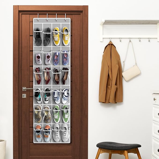 Simple Houseware 24 Pockets - Crystal Clear Over The Door Hanging Shoe Organizer, Gray (64'' x 19'')