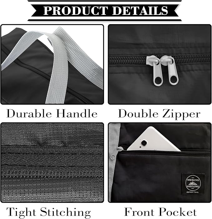 INVODA Travel Bag Carry on Luggage Foldable Duffel Bag Sports Gym Bag Weekender Overnight Bag Water Resistant Nylon Travel Duffel for Men Women (Black)