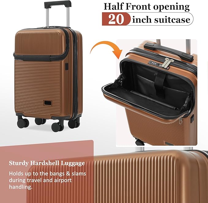 Merax Luggage Sets 5 Piece with Half-opening, Hardside 20" Carry On Suitcase Set with USB Port,Lightweight Travel 24" 28" Luggage with Bags TSA Locks Double Spinner Wheels,Brown