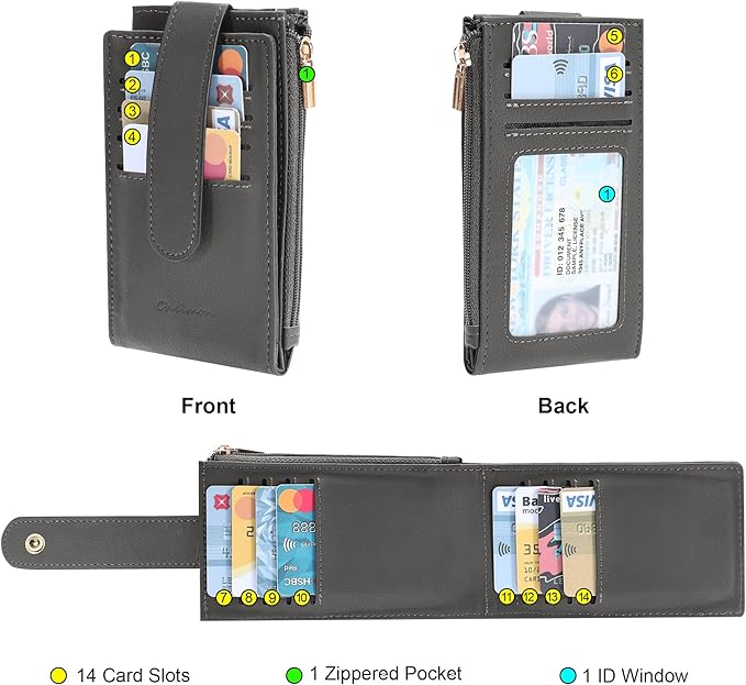 Chelmon Womens Wallet Slim RFID Blocking Bifold Multi Card Case Wallet with Zipper Pocket (Deep Grey)