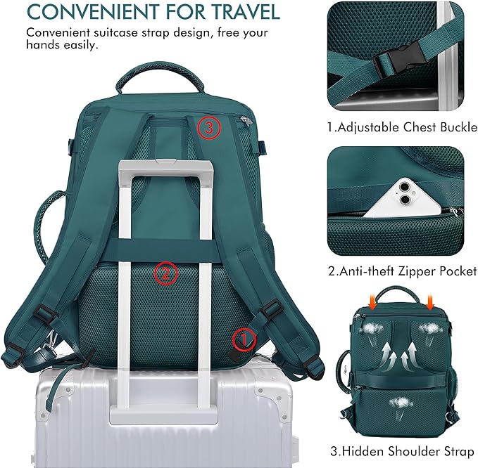 Beraliy Travel Backpack for Women as Personal Item Travel Bag Flight Approved, Carry On Backpack, 17.3 Inch Laptop Backpack, Travel Bag, Waterproof Hiking Backpack, Peacock Blue